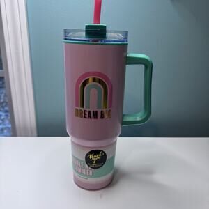 Dream Big 40 Ounce Pink and Green Tumbler with Screw-On Lid and Straw